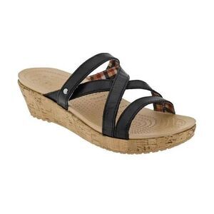 Crocs Women’s size 9 black A-Leigh Min Wedge Leather cross strap Slide sandal.